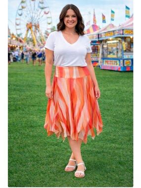 Coldwater Creek Silk Chiffon Orange White Gypsy Handkerchief Skirt Women XL P 16